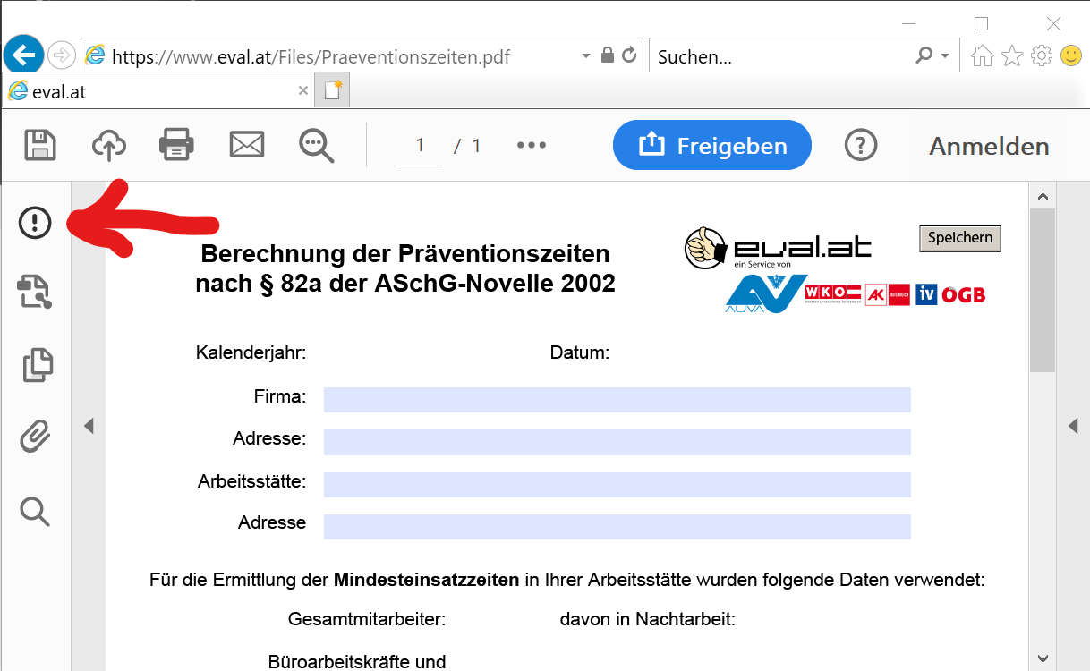 Screenshot eines leeren PDF Formulars